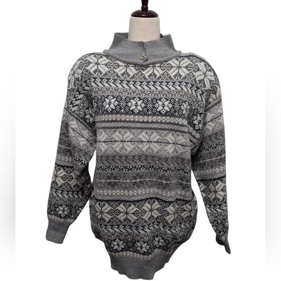 Partners By Mervyns Vintage Fair Isle Shoulder Pad Knit Ski Sweater Gray Silver - Picture 1 of 11